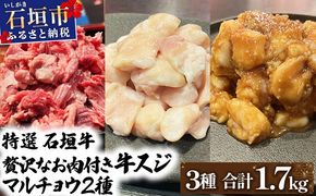 【2025年11月以降順次発送】特選石垣牛の牛スジとマルチョウ、秘伝の味噌味をご家庭で！！牛スジ500g、マルチョウ300ｇ×2、味噌味マルチョウ300ｇ×2のよくばりセット