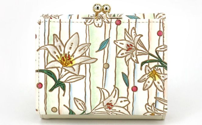 【文庫屋大関】三つ折りミニ財布　ホワイトリリー【皮革工芸品】 ファッション 小物 民芸品 お札 カード 小銭 手のひらサイズ コンパクト 大人かわいい 牛革 手作り 国産 