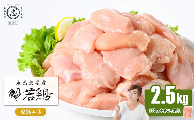 小分けで便利！鹿児島県産 若鶏皮無ムネ肉 計2.5kg(250g×10P) a2-131