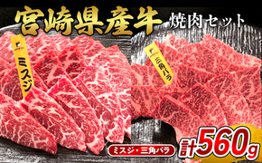 宮崎県産 黒牛 焼肉 赤身 牛肉 焼肉セット ミスジ 三角バラ 2点盛り 560g(280g × 2パック)焼肉用 肉 お肉 牛 国産牛 食べ比べ セット 小分け 真空パック  冷凍 贈答 贈答用 ギフト BBQ アウトドア キャンプ  国産 国産牛 九州 宮崎県 えびの市 