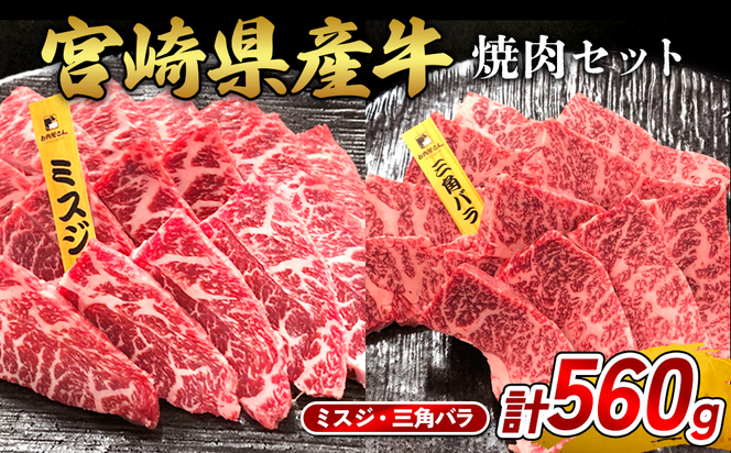 宮崎県産 黒牛 焼肉 赤身 牛肉 焼肉セット ミスジ 三角バラ 2点盛り 560g(280g × 2パック)焼肉用 肉 お肉 牛 国産牛 食べ比べ セット 小分け 真空パック  冷凍 贈答 贈答用 ギフト BBQ アウトドア キャンプ  国産 国産牛 九州 宮崎県 えびの市 