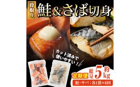 【定期便・全6回(連続)】骨取り さば切身と鮭カットのセット(総量約5kg) 鮭 小分け 冷凍 サーモン シャケ サケ サバ 鯖 骨なし 骨取り セット 魚 魚介 【AW-106】【丸正水産】