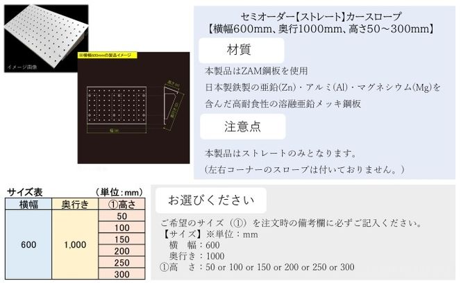セミオーダー【ストレート】「カースロープ」【横幅600mm、奥行1000mm、高さ50～300mm】