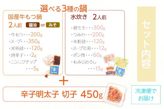 【博多の名物セット】選べる 鍋 3種 2人前 ＆ 辛子明太子 切子 450g しょうゆ 醤油 みそ 味噌 水炊き 牛肉 モツ鍋 お取り寄せグルメ お取り寄せ 福岡 お土産 九州 福岡土産 取り寄せ グルメ 福岡県