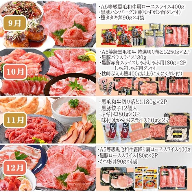 定期便(12回配送)お楽しみ便(A5等級黒毛和牛・黒豚・かつお・まぐろ・さつまあげ等)JJ-6002 【1166755】