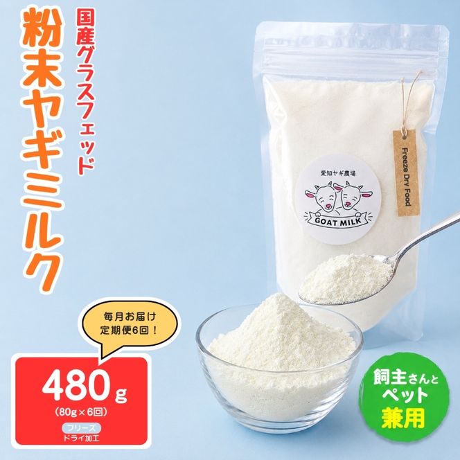 【定期便6回】国産グラスフェッド【人間・ペット兼用】粉末ヤギミルク80g×1袋　フリーズドライ加工（愛知ヤギ農場産） | 栄養満点 全脂粉乳 無添加 パウダー 山羊乳 送料無料