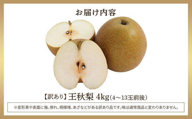 【先行予約】【訳あり】王秋梨 4kg（4～13玉前後）≪果物 フルーツ くだもの≫　※2026年10月下旬～12月上旬頃に順次発送予定 313726_AN004