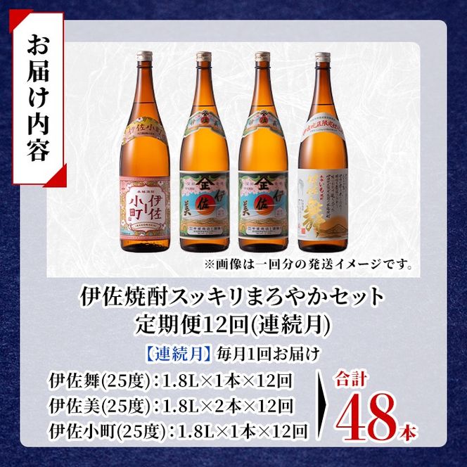 isa894 【定期便12回(連続月)】伊佐焼酎スッキリまろやかセット 伊佐舞1本・伊佐小町1本・伊佐美2本  各1.8L 合計48本(3種合計4本×12回)  鹿児島 本格芋焼酎 芋焼酎 焼酎 一升瓶 飲み比べ 詰め合わせ 詰合せ 飲みやすい まろやか 【酒乃向原】