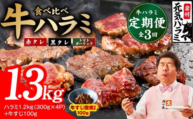 099Z586 【食べ比べ定期便】牛ハラミ 1.3kg×全3回【牛肉 はらみ 小分け 焼肉 お弁当 BBQ 訳あり ワケアリ わけあり サイズ不揃い 規格外 TVで話題】