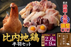 《定期便9ヶ月》 比内地鶏 鶏肉セット（半羽） 2.6kg（650g×4袋）×9回 計23.4kg 時期選べる お届け周期調整可能 9か月 9ヵ月 9カ月 9ケ月 23.4キロ 国産 冷凍 鶏肉 鳥肉 とり肉|jaat-031909