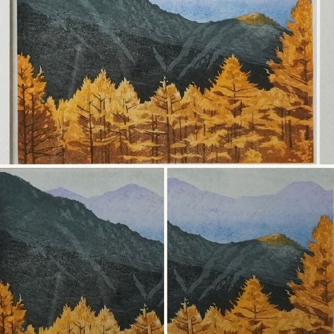 版画「錦秋」 ［201M09］ 版画 錦秋 額装 絵画 木版画家 陶山俊一 小牧市在住 日本 自然 風景 モチーフ 光の濃淡 遠近感 質感 木版画 手作業 アート作品 アート インテリア 壁掛け 絵 美術品 工芸品 風景画 自然画 愛知県 小牧市 送料無料