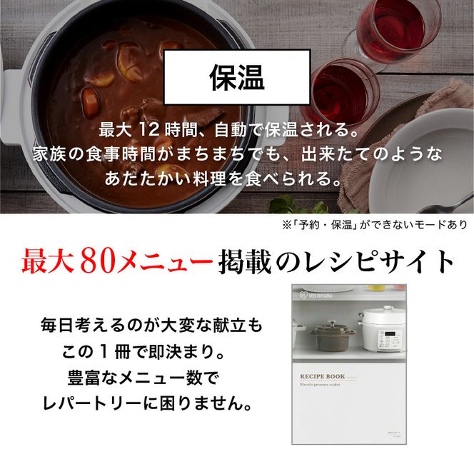 アイリスオーヤマ 圧力鍋 4L PC-MA4-W レシピブック 大容量 電気圧力鍋 電気鍋 鍋 グリル鍋 2way 2in1 炊飯器 自動調理 簡単調理 ほったらかし調理 圧力調理 圧力 料理 調理 保温 時短 安全 簡単 調理家電 家電 宮城 宮城県 大河原 大河原町