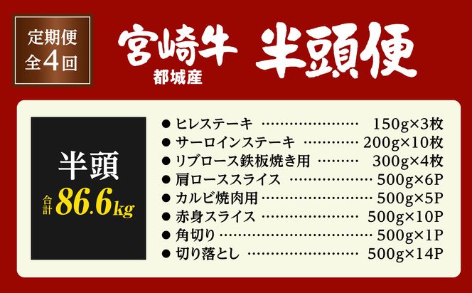 ≪4回お届け≫宮崎牛半頭定期便_T2500-4-N4-011-half 都城産 宮崎牛 定期便 4回 半頭 一頭買い ステーキ サーロイン ヒレ リブロース 焼肉 カルビ すき焼き スライス 赤身 肉 黒毛和牛 ブランド牛 贅沢 グルメ