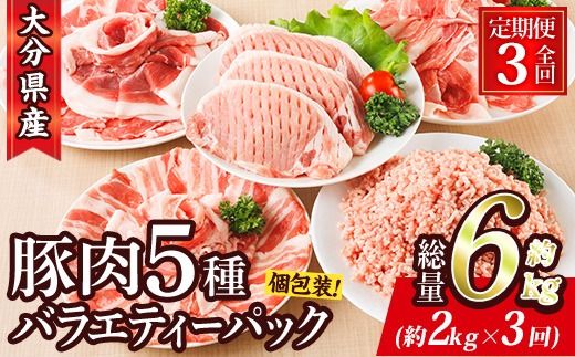 ＜定期便・全3回 (毎月)＞ 豚肉 バラエティーパック (2kg×3回・総量6kg) 豚バラ しゃぶしゃぶ 鍋 とんかつ ロース 小分け 個包装 豚こま 小間切れ スライス ミン 5種 セット 詰め合わせ 冷凍 食べ比べ 国産 大分県 佐伯市【BD321】【西日本畜産】