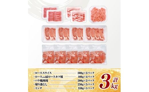宮崎県産豚肉5種　3kg 【 豚肉 ぶた肉 肉 ロース バラ 切り落とし ミンチ 焼肉用 豚肉セット 】[C11627]