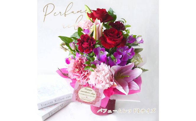 【母の日】パフュームレッドLサイズ＜お届け日：2026年5/8～5/10 当店おまかせ ＞母の日カード付き【 母の日 ギフト アレンジ 花 贈り物 大阪府 門真市 】 272230_BG118