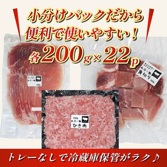 【地元ブランド豚】めぶ～豚3種セット 小間切れ・ミンチ・角切り 計4.4kg（豚肉 豚 肉 豚小間 豚こま 切り落とし ひき肉 挽肉 ステーキ）