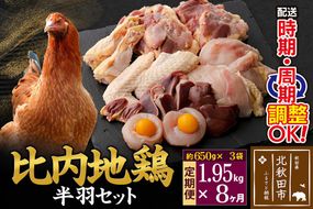 《定期便8ヶ月》 比内地鶏 鶏肉セット（半羽） 1.95kg（650g×3袋）×8回 計15.6kg 時期選べる お届け周期調整可能 8か月 8ヵ月 8カ月 8ケ月 15.6キロ 国産 冷凍 鶏肉 鳥肉 とり肉|jaat-031808