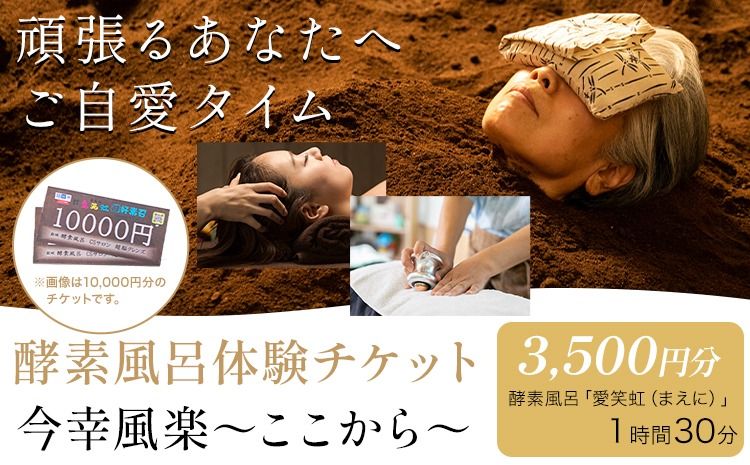 酵素風呂・CSサロン 愛笑虹好素召〜まえにすすめ〜 体験チケット 3,500円分 株式会社トモロー [30日以内に出荷予定(土日祝除く)]米ぬか 土俵型 デトックス 美肌 冷え 血行不良 便秘 免疫力 疲労 肩こり ヘッドマッサージ---yuki_tmr_1_3500---