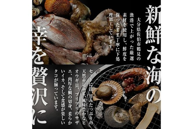 海鮮 BBQ セット (6種・18品) 魚 天然 赤足エビ アカアシ エビ 緋扇貝 ヒオウギ サザエ 鯛 タイ イカ タコ 下処理 済み 高級 豊後水道 個包装 冷凍 大分県 佐伯市 【FZ008】【波平食堂】