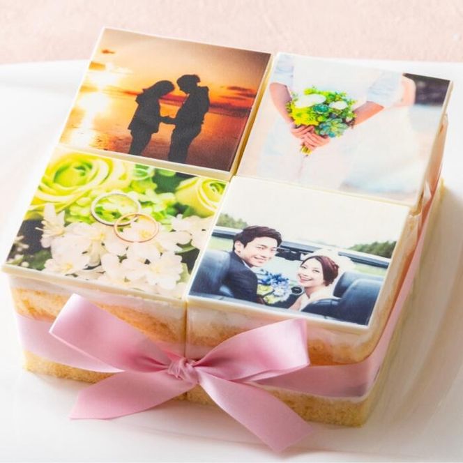 【スイーツ】お気に入りの写真をホワイトチョコにプリント！オリジナルの美味しいケーキを。 4ピース アルバムケーキ（文字あり）-[G710-3]