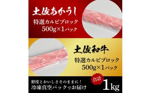 【CF-R7hbk】土佐あかうし＆土佐和牛2種食べ比べ（500g×2パック）1キロ 1kg 特選カルビブロック 特選 カルビ ブロック肉 牛肉 赤牛 和牛 国産 エイジングビーフ 天下味 エイジング工法 熟成肉 ギフト