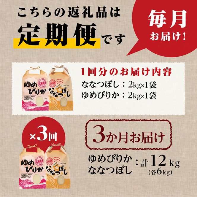 《令和7年産》3ヶ月連続お届け!北海道2大ブランドの食べ比べ!!4kg | 定期便 ゆめぴりか ななつぼし 特A 白米 ブランド米 米 こめ コメ お米 ご飯 ごはん 単一米 滝川市 北海道 北海道産 道産 北海道米 おすすめ 人気 お弁当 贈答