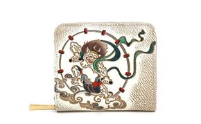 【文庫屋大関】二つ折りファスナーミニ財布 風神雷神【皮革工芸品】財布 二つ折り 小物 お札 カード 小銭 コンパクト 牛革 手作り 日本製 墨田区 東京都