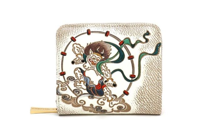 【文庫屋大関】二つ折りファスナーミニ財布 風神雷神【皮革工芸品】財布 二つ折り 小物 お札 カード 小銭 コンパクト 牛革 手作り 日本製 墨田区 東京都