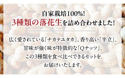 【2025年11月以降発送】牛久市産落花生3種食べ比べ大小3袋セット 牛久市産 落花生 3種食べ比べ大小3袋セット Qナッツ Qなっつ 半立 はんだち ナカテユタカ 中手豊 ピーナッツ ピーナツ 食べ比べ おやつ おつまみ お菓子 お取り寄せ 詰め合わせ お土産 贈り物 ギフト プチギフト 国産 茨城 特産品 農園 自家栽培 ビールのお供 [AX001us]