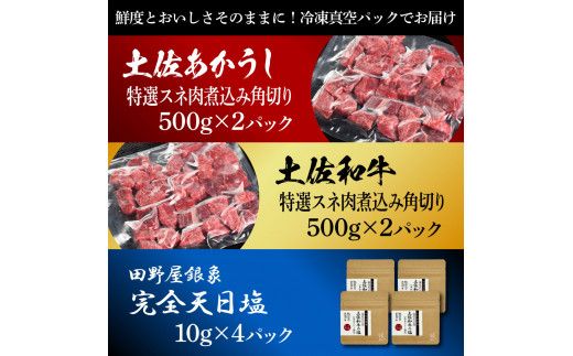土佐あかうし＆土佐和牛2種食べ比べ 特選スネ肉煮込み角切り500g 計4P 田野屋銀象完全天日塩4P付 牛肉 肉 お肉 和牛 国産 牛 赤身 ヒレ カルビ ロース【株式会社LATERAL】 [BQAU076]