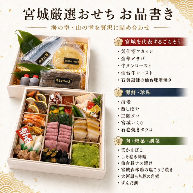 宮城厳選おせち おせち料理 豪華 高級食材 牛タン ロースト 仙台牛 気仙沼 フカヒレ 金華サバ 〆サバ 石巻 銀鮭 お節 御節 正月 お正月 新春 年越し 予約 お取り寄せ グルメ ご馳走 贅沢 冷凍 宮城県