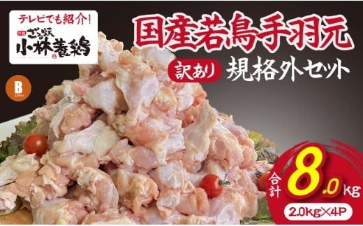 [テレビで紹介!元祖ざる焼き小林養鶏]国産若鶏の手羽元 訳あり規格外品セット(2kg×4P 国産 鶏肉 訳あり 若鶏 手羽元 唐揚げ 煮物 大容量 限定 冷凍)
