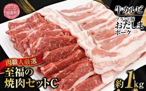 【肉職人厳選】至福の焼肉セットC 計約1kg 加美町産ブランド豚 おだしまポーク [関精肉畜産 宮城県 加美町 44581357] 牛カルビ 焼き肉 豚 カルビ | 44581357