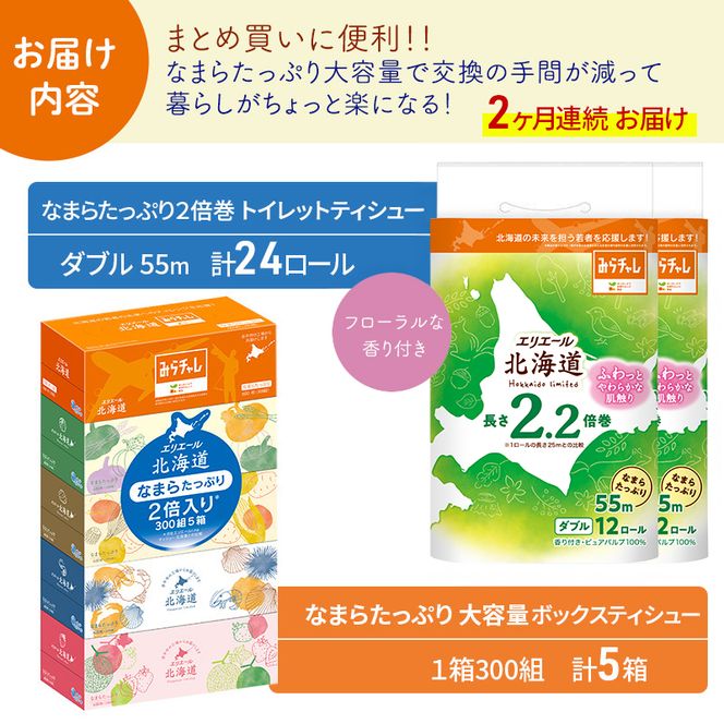 定期便 2ヵ月連続お届け エリエール 収納に便利 コンパクト 〈アソート〉 なまらたっぷり 大容量 トイレットペーパー ティッシュ トイレ ボックスティッシュ ひとり暮らし 紙 常備品 消耗品 日用品 生活必需品