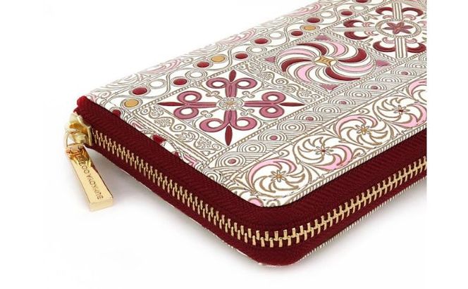 【文庫屋大関】 大容量　ぐるっとファスナーの長財布　錦紗＜ピンク＞【皮革工芸品】 ファッション小物 民芸品 