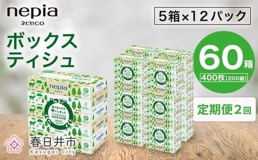 【定期便】2回発送 選べる発送間隔 ネピア ネピecoティシュ200組　5箱×12パック | 日用品 消耗品 必需品 ティッシュ ボックスティッシュ 箱ティッシュ ストック 花粉症 花粉 防災 備蓄 まとめ買い 全国 発送 eco サステナブル 一人暮らし nepia ネピア
