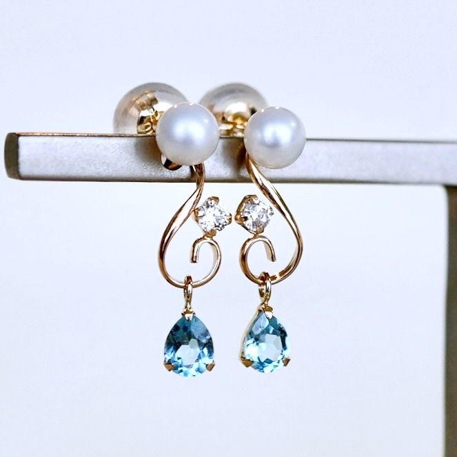 K10YG(10金) イエローゴールド ブルートパーズ パール ピアス 揺れる 保証書付 2066 242-051-c