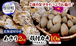 北海道 厚岸産 砂抜き済み あさり 2kg ＆ ブランド牡蠣 マルえもん 殻付き LLサイズ 10個 【光輝】 [ 魚貝類 海鮮 海の幸 みそ汁 酒蒸し アサリバタ 産地直送 生食用牡蠣 生食用 牡蠣 カキ ］
