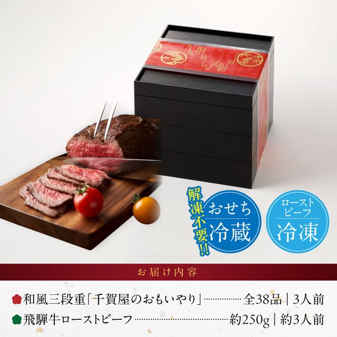 肉のひぐち 飛騨牛ローストビーフ と 迎春おせち料理 和風三段重「千賀屋のおもいやり」セット ［035S07-C］ 飛騨牛 ローストビーフ 千賀屋 謹製 迎春 おせち 料理 和風 三段重 おもいやり セット 3人前 迎春セット 冷蔵おせち 和牛 国産 牛肉 全38品 ブランド牛 お取り寄せ お取り寄せグルメ 愛知県 小牧市 送料無料