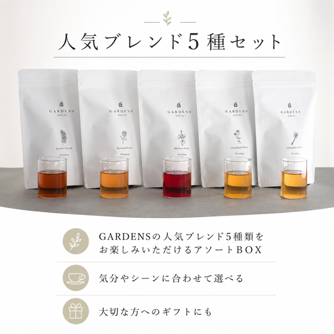 ハーブティー アソート 5種 セット GARDENS ブレンド 計20包 ティーバッグ レモングラス カモミール ハイビスカス ローズレッド ルイボス 飲み比べ ハーブ ティー オリジナル 自然素材 ギフト 贈り物 贈答 お茶 飲み物 飲料 ふるさと納税 静岡県 藤枝市