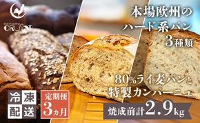 【 定期便 3ヵ月 】本場欧州のハード系パン 3種類 80%ライ麦パンと特製カンパーニュ  パン ライ麦パン カンパーニュ ハード系パン 冷凍