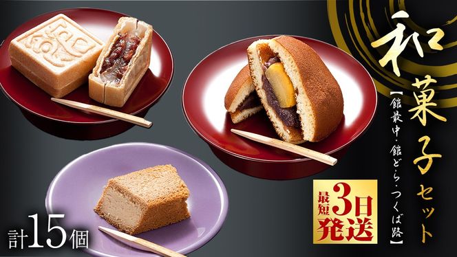 スピード発送!! 湖月庵 人気 和菓子 3種 セット ( 計15個 ) 全国菓子博覧会 受賞 館最中 館どら ( 黒糖 バター 栗 ) つくば路 おかし お菓子 最中 もなか あんこ 餡子 小豆 あずき 餅 お餅 もち 贈り物 ギフト スピード発送 スピード配送 [AO022ci]