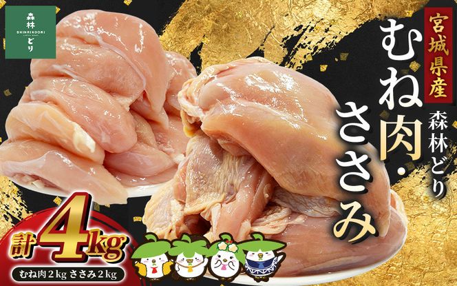宮城県産森林どり むね肉・ささみ (各2kg・計4kg) / 鶏肉 肉 銘柄鶏 ブランド鶏 国産鶏肉【wellfam2】