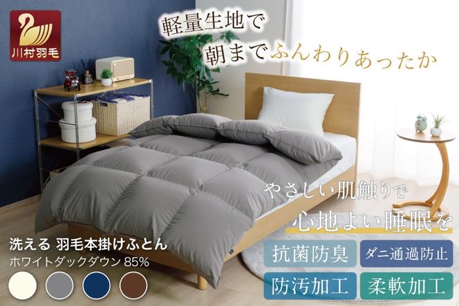洗える羽毛布団 セミダブル ホワイトダックダウン85％ グレー 無地 本掛け 冬用 1.4kg 羽毛 布団 羽毛ふとん 本掛け布団 コインランドリー 抗菌防臭 [川村羽毛 山梨県 韮崎市 20745105]