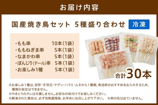 国産焼き鳥セット 5種盛り合わせ30本　焼鳥 やきとり ヤキトリ yakitori 鳥 鶏 鶏肉 もも モモ ねぎま ネギま なまかわ なま皮 テール 串 国産 冷凍 惣菜 おかず おつまみ セット 小分け 鳥肉 大量 大盛り キャンプ きゃんぷ ソロキャンプ アウトドア あうとどあ チキン KN00008