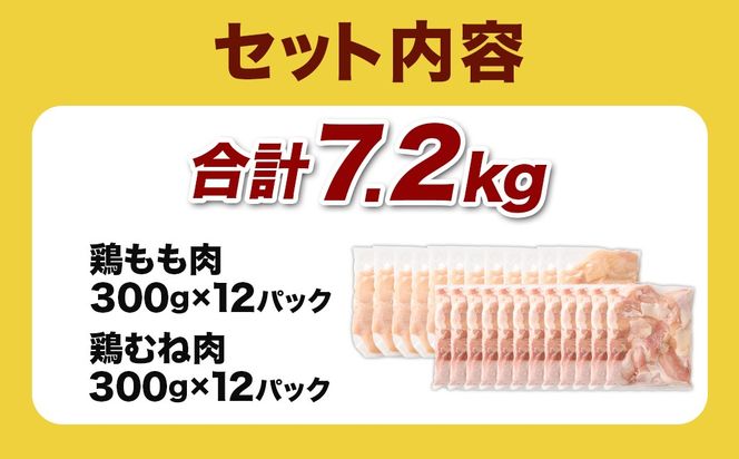 ＜鶏もも・むねセット 各300g×12パック 計7.2kg＞翌月末迄に順次出荷【c1462_kf】  鶏肉 お肉 モモ肉 ムネ肉 小分けパック 冷凍