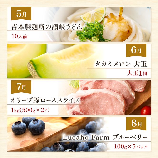東かがわ市お楽しみ頒布会(12回) みかん いちご 卵 アスパラ 讃岐うどん メロン 豚肉 ブルーベリー シャインマスカット サーモン キウイ 黒毛和牛 香川