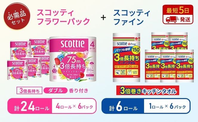 キッチンペーパー 6パック入 スコッティ ファイン 1ロール 150カット トイレットペーパー ダブル 24ロール ( 4ロール × 6パック ) フラワーパック