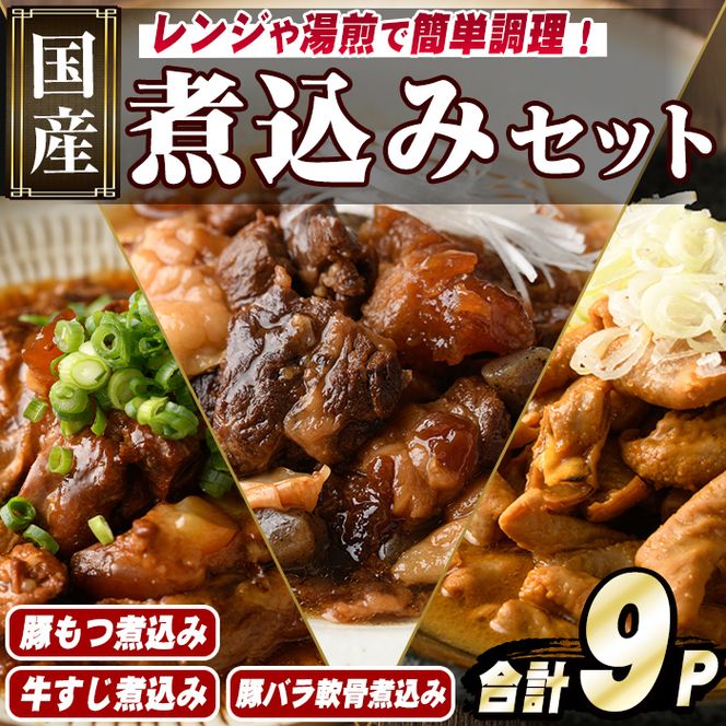 やわらか煮込み3種セット(合計9パック・各3パック) もつ 豚バラ 牛すじ 煮込み 大容量 小分け 国産 豚肉 モツ ホルモン おかず 簡単調理 煮込み料理 湯煎 レンジ パック【スターゼン】akn031-06